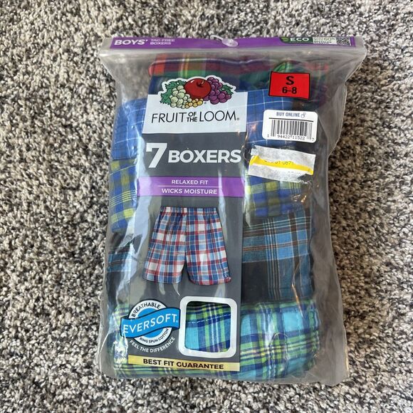 Fruit Of The Loom Boy’s Plaid Relaxed Fit Boxers Underwear 7 Pairs NEW Small - Picture 1 of 5
